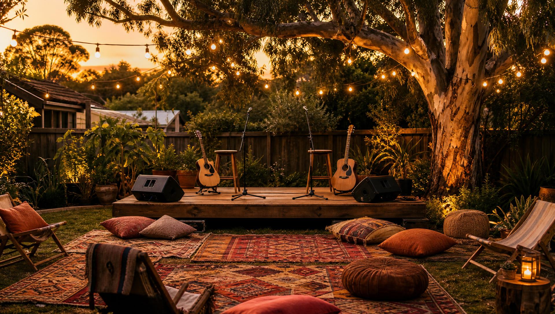A warm Australian backyard at dusk, strung with festoon lights, a small wooden stage with two stools, acoustic guitars, microphone stands and PA speakers, colourful rugs and cushions arranged on the lawn in front